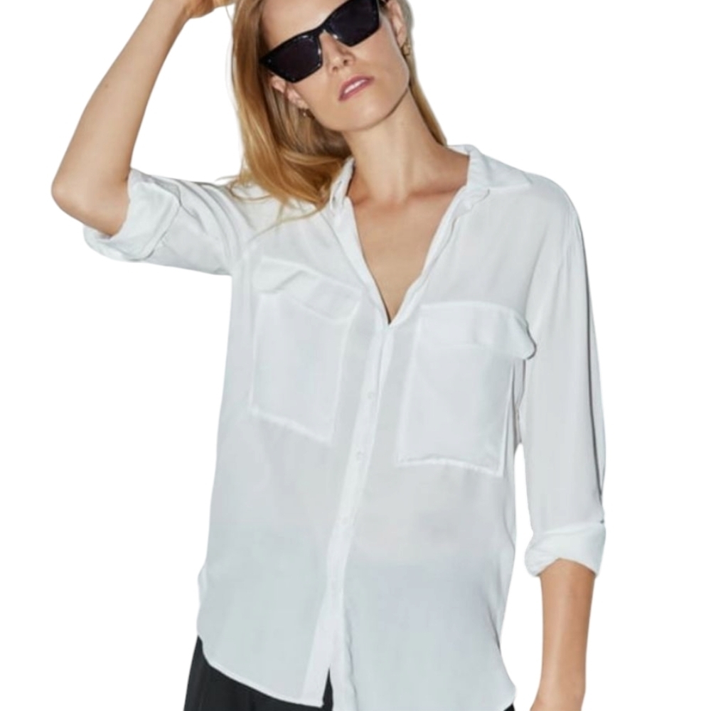 Zara White Sheer Blouse Front Pockets NEW Sz Small